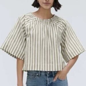Everlane Striped Seersucker Gathered Tee Organic Cotton Round Neck Sz XL Flaw